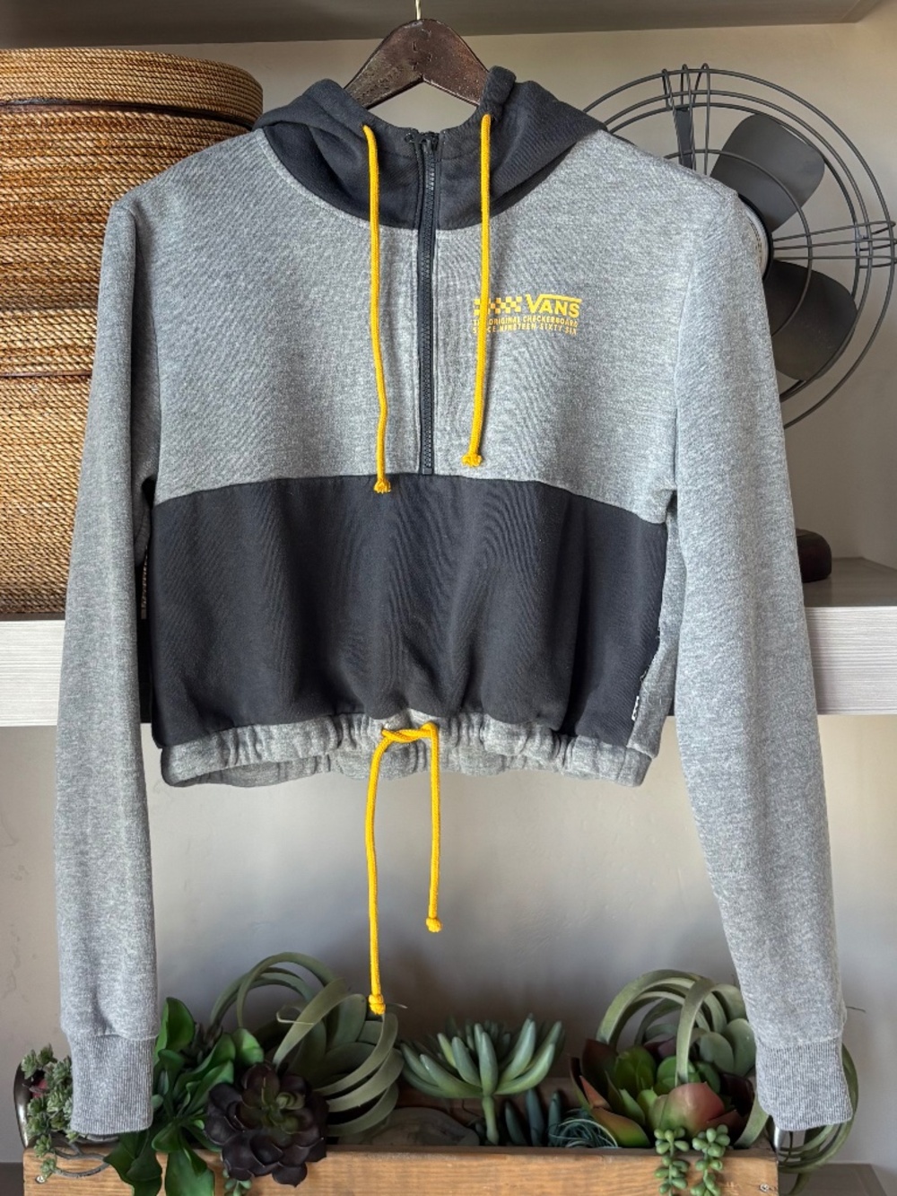 Vans Cropped 1/2 Zip Hoodie Grey/Grey with Yellow String Ties    XS